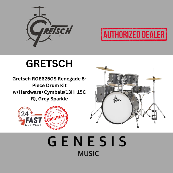 GRETSCH RGE625GS RENEGADE 5-PIECE DRUM KIT w/HARDWARE+CYMBALS(13H+15CR) l GREY SPARKLE