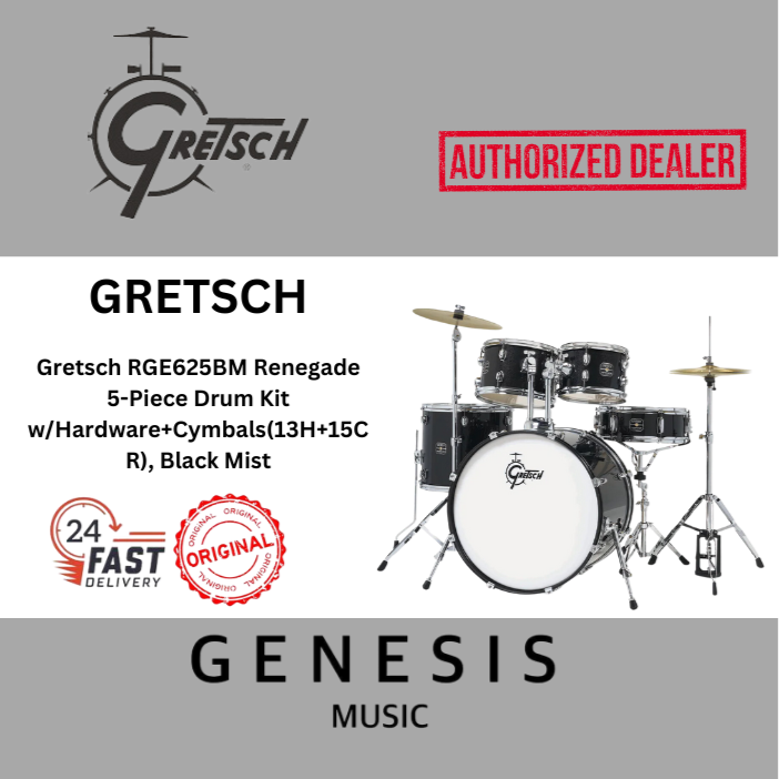GRETSCH RGE625BM RENEGADE 5-PIECE DRUM KIT w/HARDWARE+CYMBALS(13H+15CR) l BLACK MIST