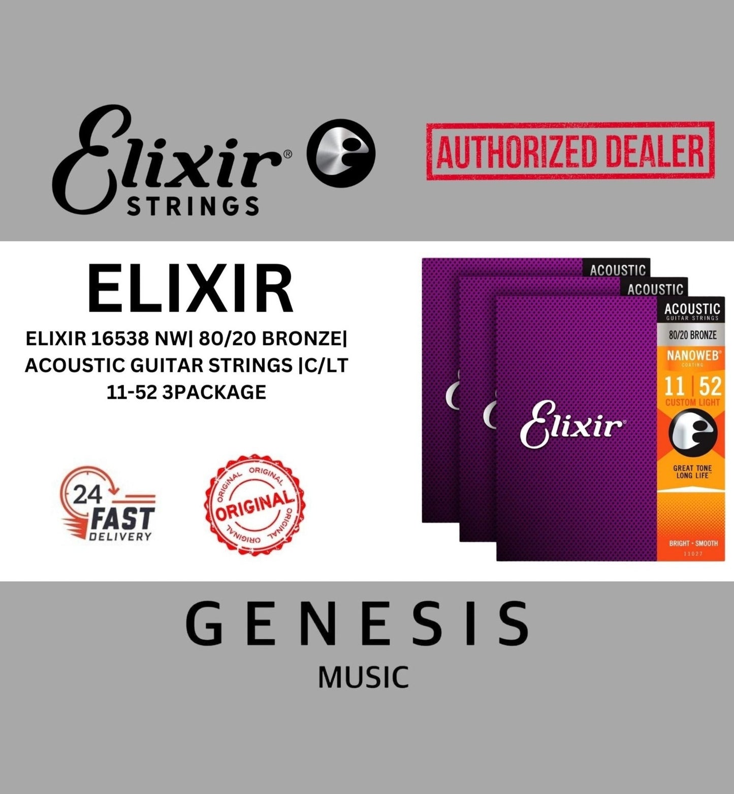 ELIXIR 16538 NW| 80/20 BRONZE| ACOUSTIC GUITAR STRINGS |C/LT 11-52 3PACKAGE