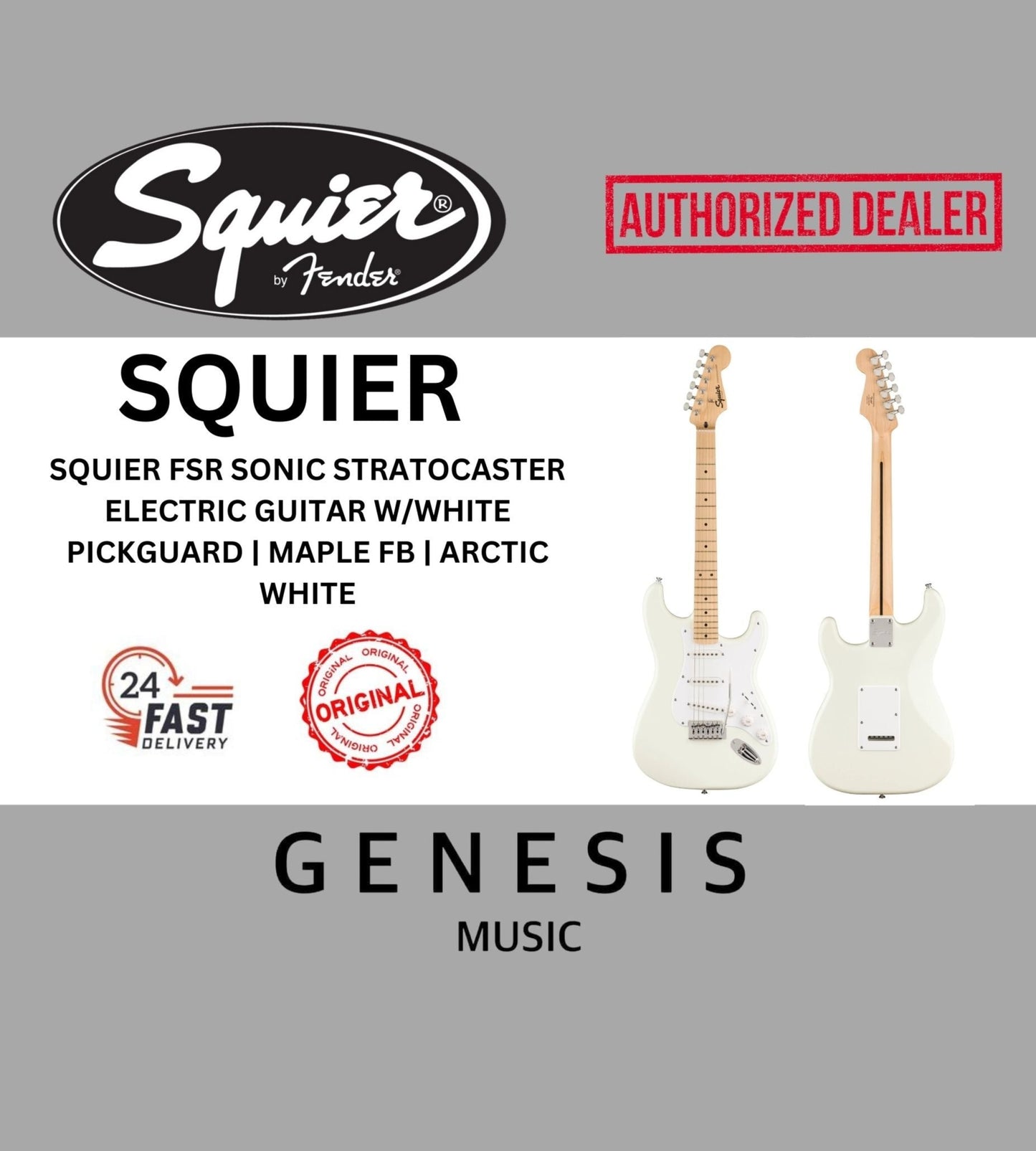 SQUIER FSR SONIC STRATOCASTER ELECTRIC GUITAR W/WHITE PICKGUARD | MAPLE FB | ARCTIC WHITE