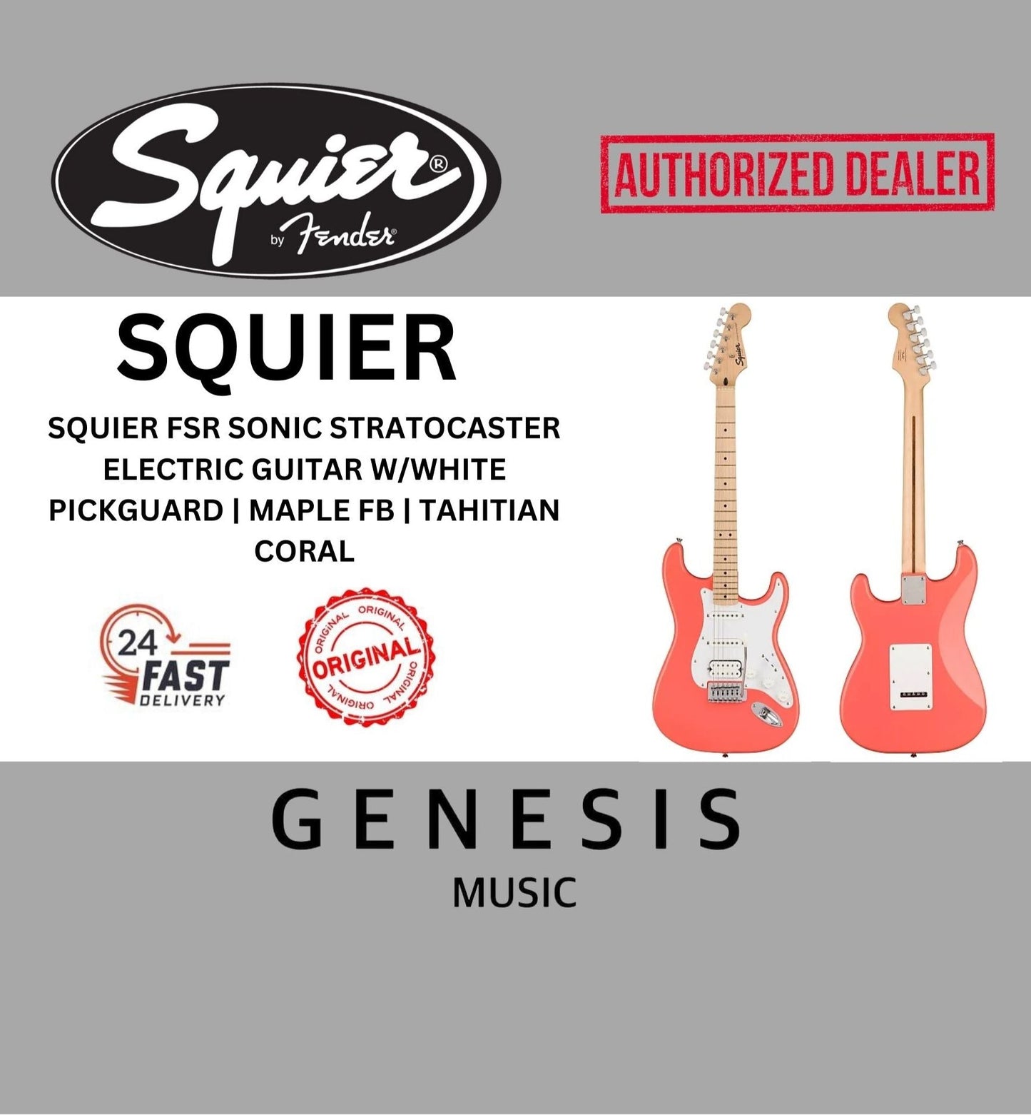 SQUIER FSR SONIC STRATOCASTER ELECTRIC GUITAR W/WHITE PICKGUARD | MAPLE FB | TAHITIAN CORAL