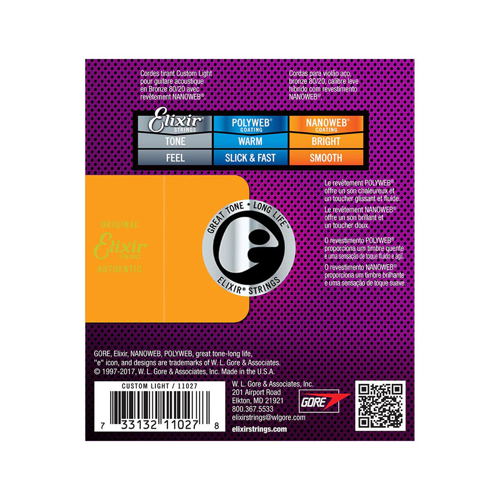 ELIXIR 11027 NANOWEB | 80/20 BRONZE | ACOUSTIC GUITAR STRINGS | 11-52