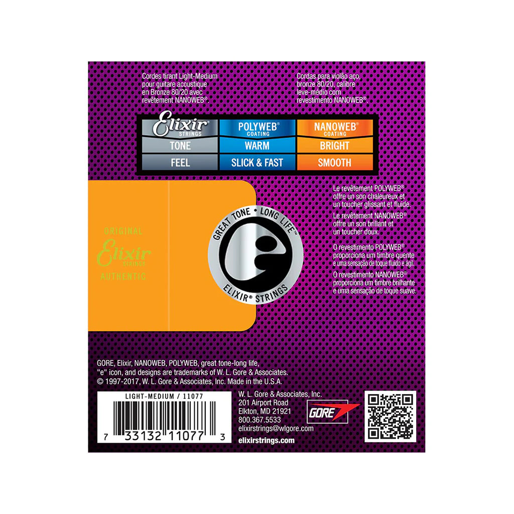 ELIXIR 11077 NANOWEB 80/20 BRONZE LIGHT-MEDIUM ACOUSTIC GUITAR STRINGS 12-56