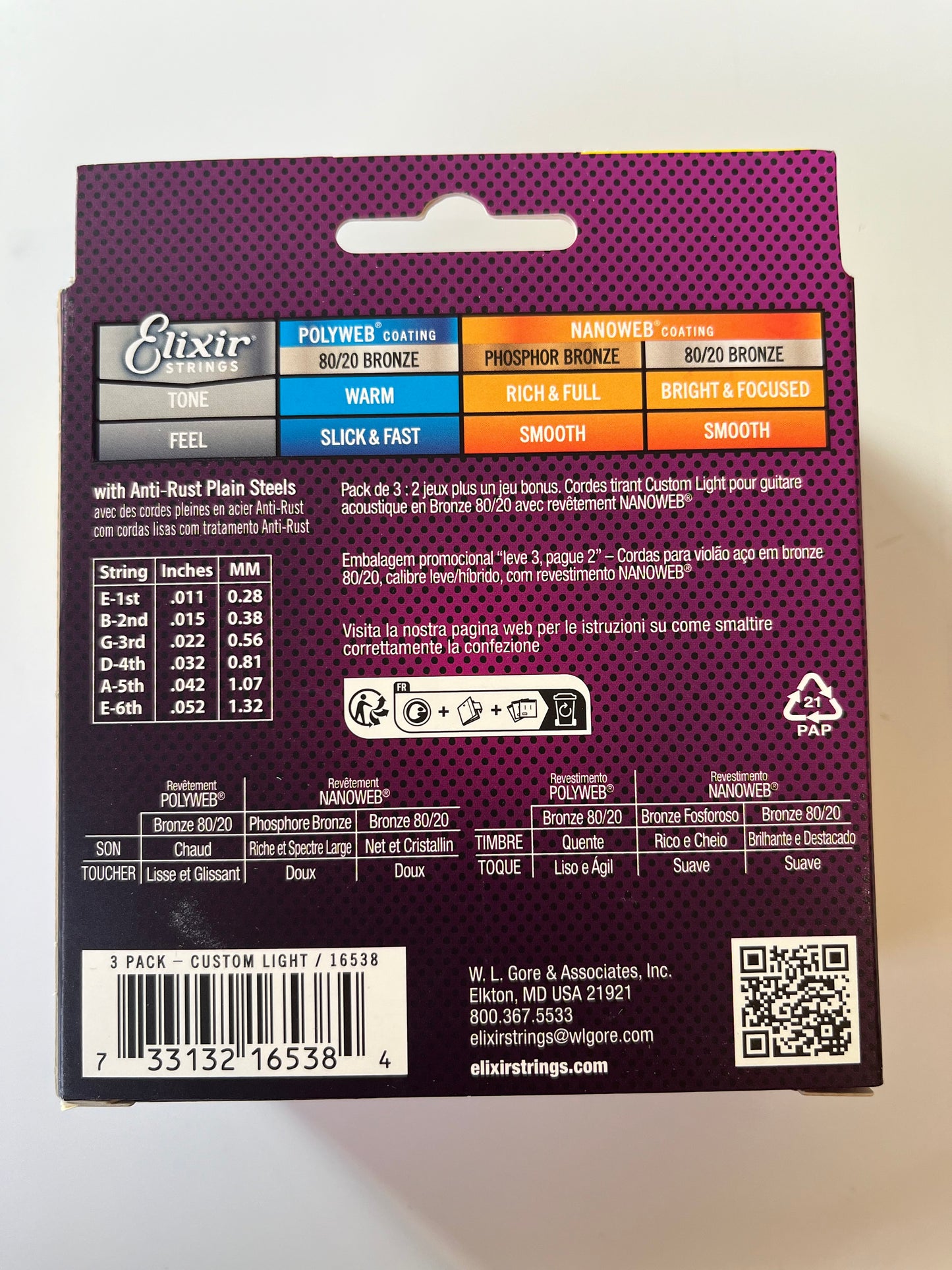 ELIXIR 16538 NW| 80/20 BRONZE| ACOUSTIC GUITAR STRINGS |C/LT 11-52 3PACKAGE