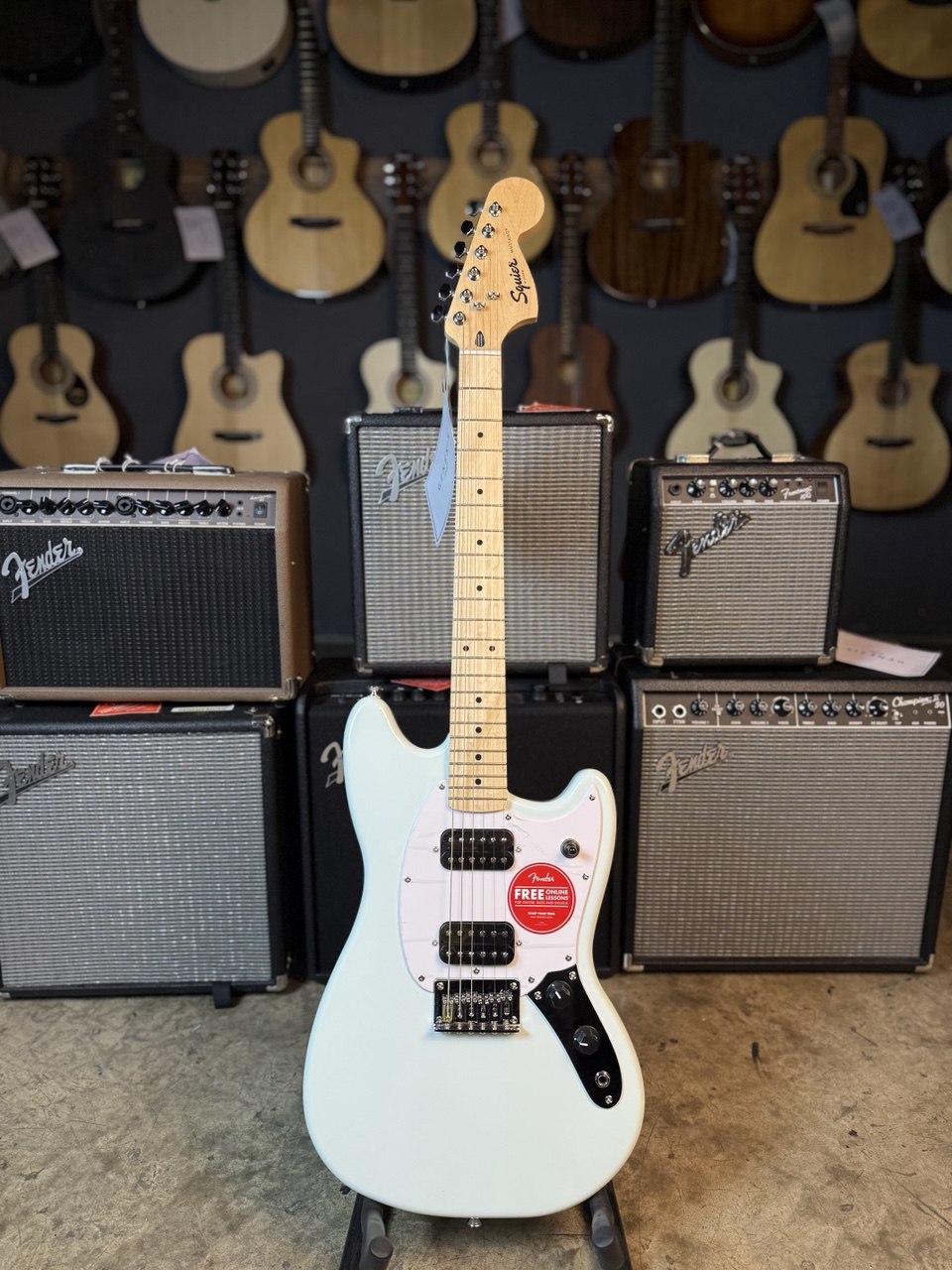 Squier FSR Sonic Mustang HH Electric Guitar w/White Pickguard, Maple FB, Sonic Blue