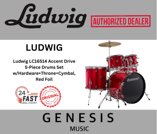 LUDWIG LC16514 ACCENT FUSE 5-PIECE DRUMS SET w/HARDWARE+THRONE+CYMBAL l RED FOIL