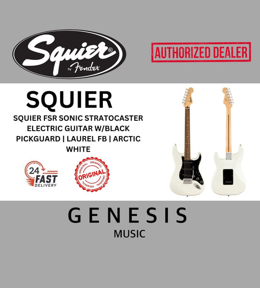 SQUIER FSR SONIC STRATOCASTER ELECTRIC GUITAR W/BLACK PICKGUARD | LAUREL FB | ARCTIC WHITE