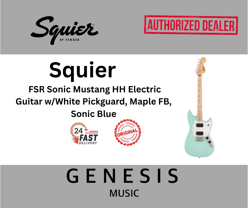 Squier FSR Sonic Mustang HH Electric Guitar w/White Pickguard, Maple FB, Sonic Blue